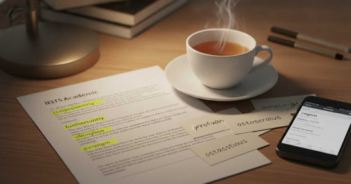 A student highlighting academic vocabulary in a printed IELTS essay, surrounded by study notes and flashcards