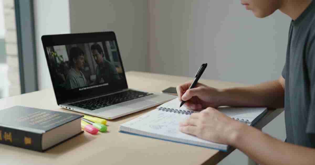 Student actively taking notes while watching a foreign language film on laptop