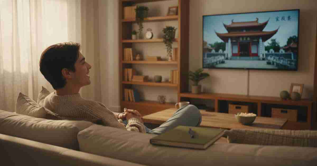 Person smiling while watching a TV show, understanding foreign language dialogue naturally