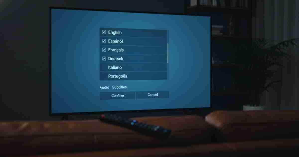 TV screen showing subtitle selection menu with multiple language options
