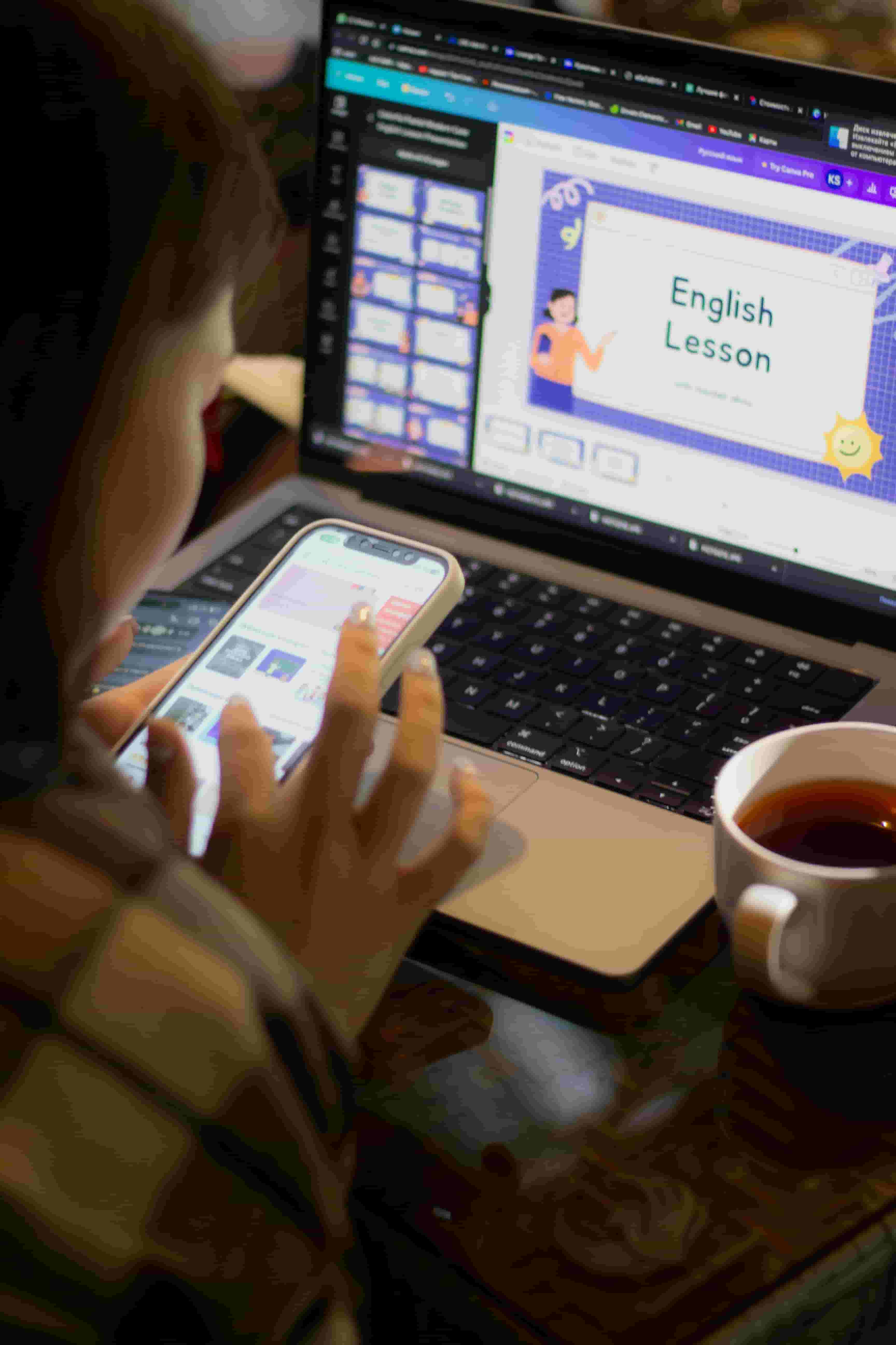 Student using an AI-powered language learning app on a tablet