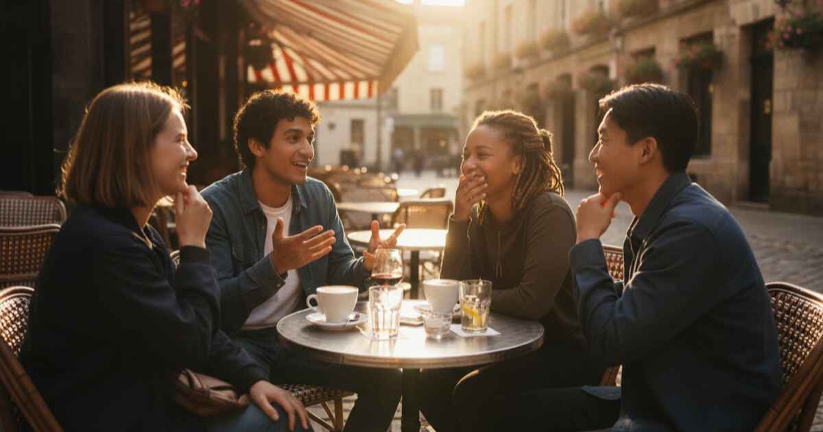 Group of diverse language learners chatting together at an outdoor cafe terrace