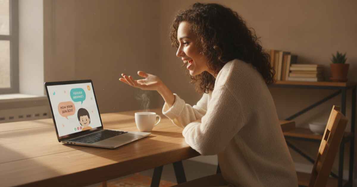 Young professional practicing Spanish conversation with an AI tutor on laptop