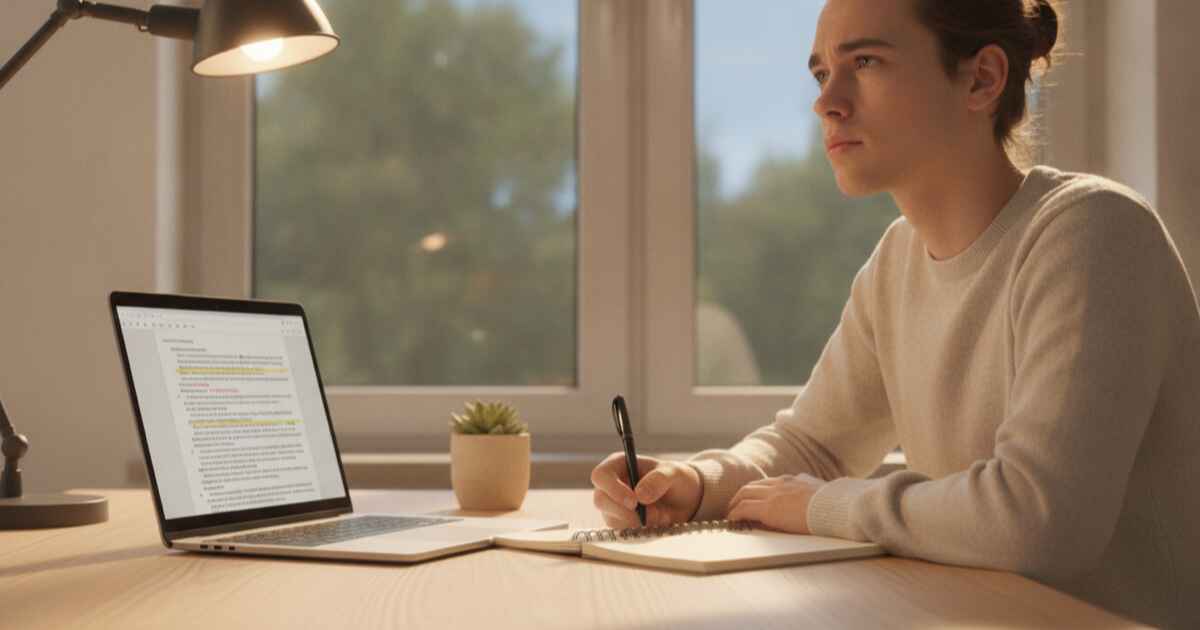 Student writing in a notebook with AI-powered writing assistant visible on laptop screen