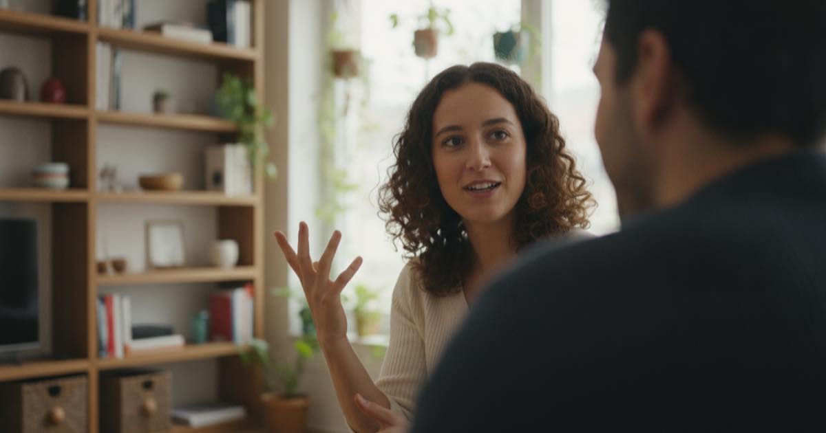 A relaxed learner speaking confidently during a friendly conversation