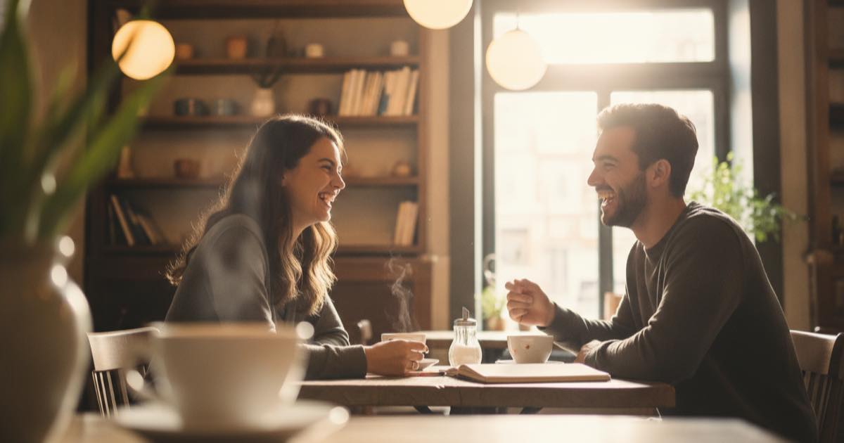 Two friends laughing during a relaxed language practice conversation