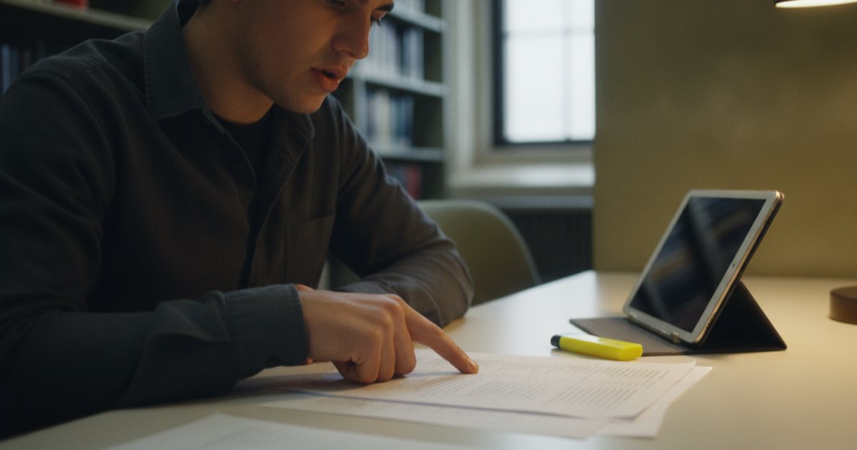 Student reviewing an English vocabulary word list in a library
