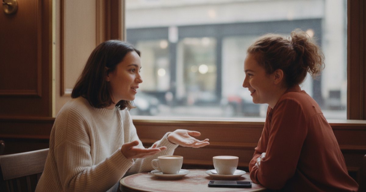 Two friends practicing spoken English together at a cafe table