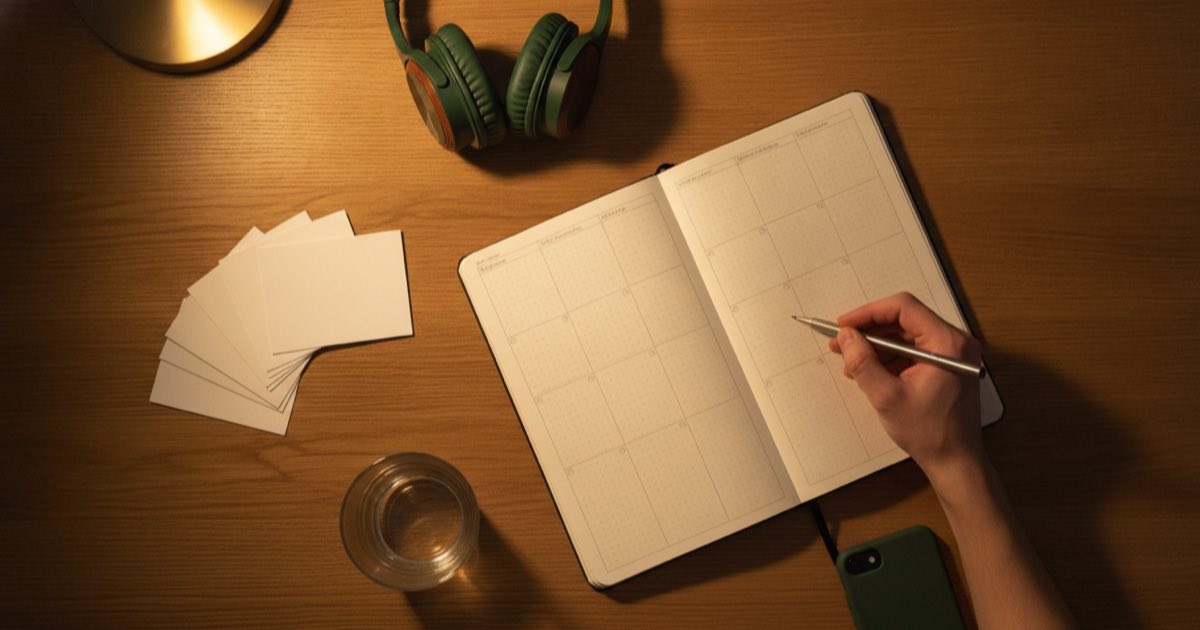 Overhead view of a handwritten weekly English study plan in a notebook
