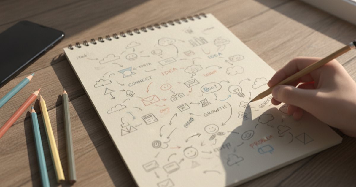 Notebook with sketches and drawings used for visual English word association