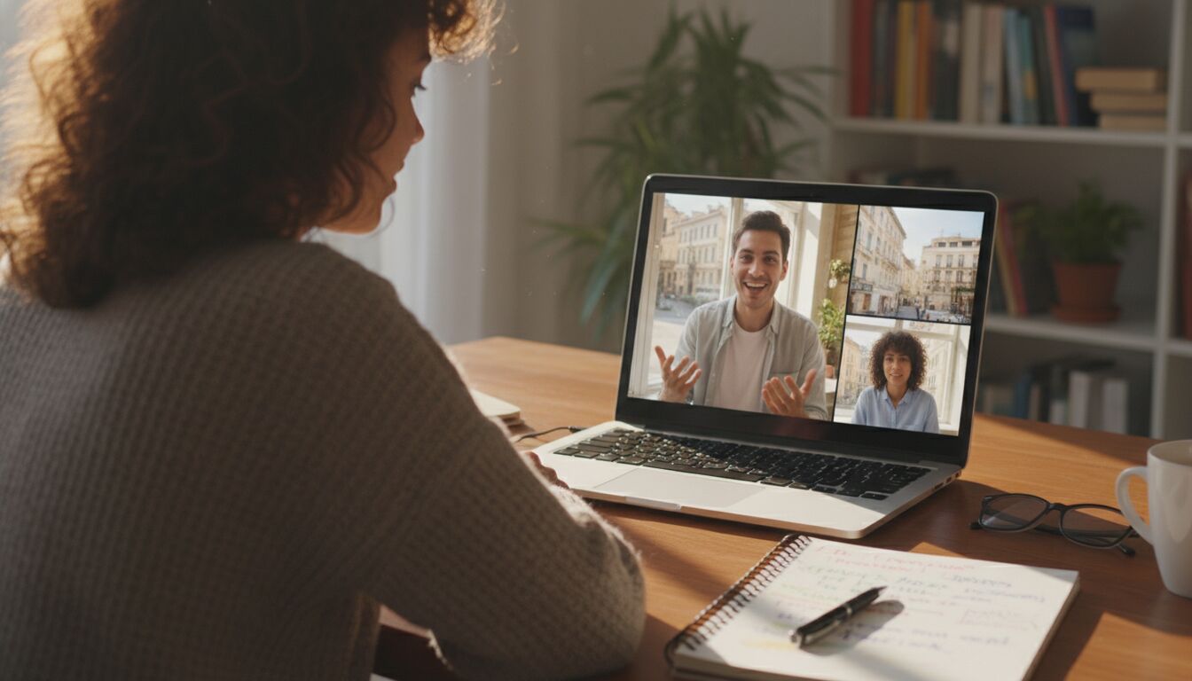 Two friends having a video call practicing different languages