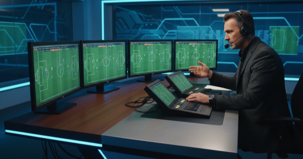 Football commentator analyzing match in studio
