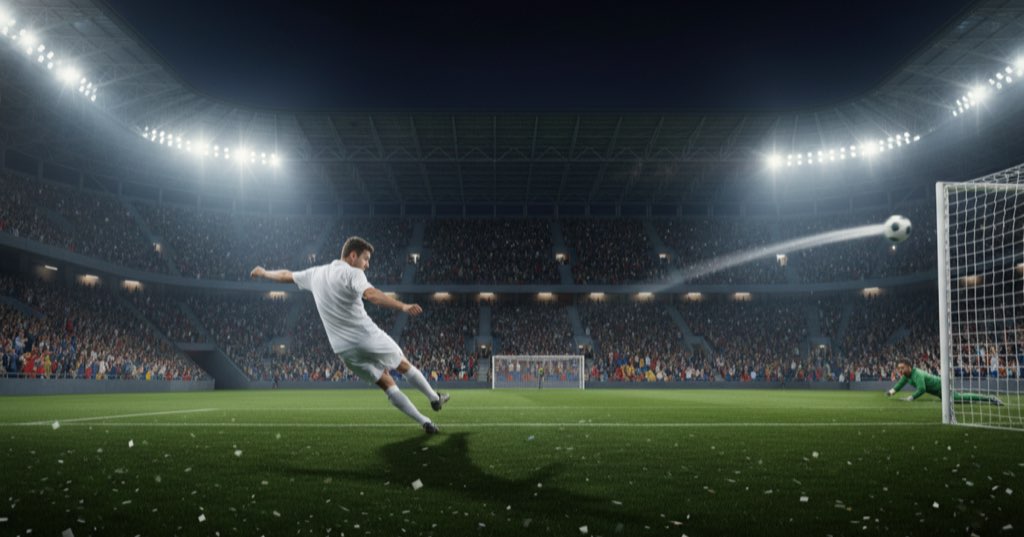 Football player taking a penalty kick on the pitch