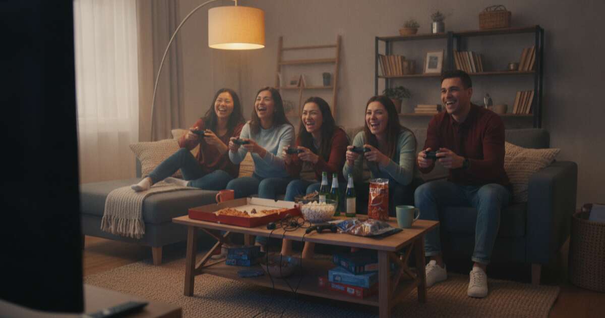Friends playing video games together on a couch with controllers