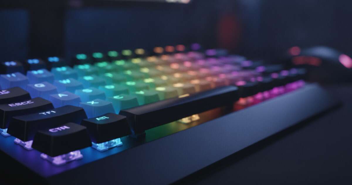 Mechanical keyboard with colorful RGB lighting in a dark gaming room