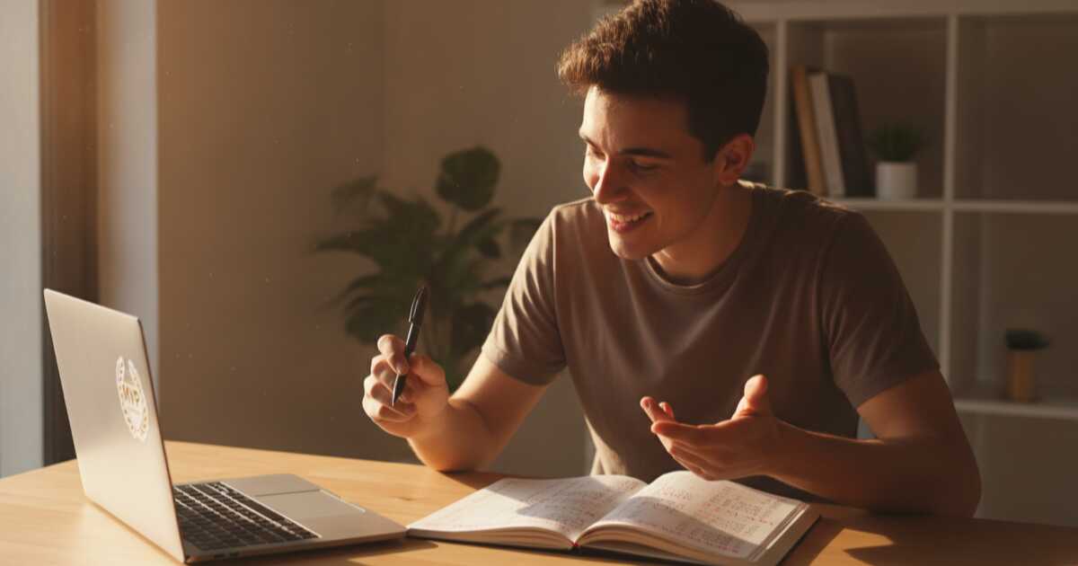Student celebrating language learning progress with a book and notes