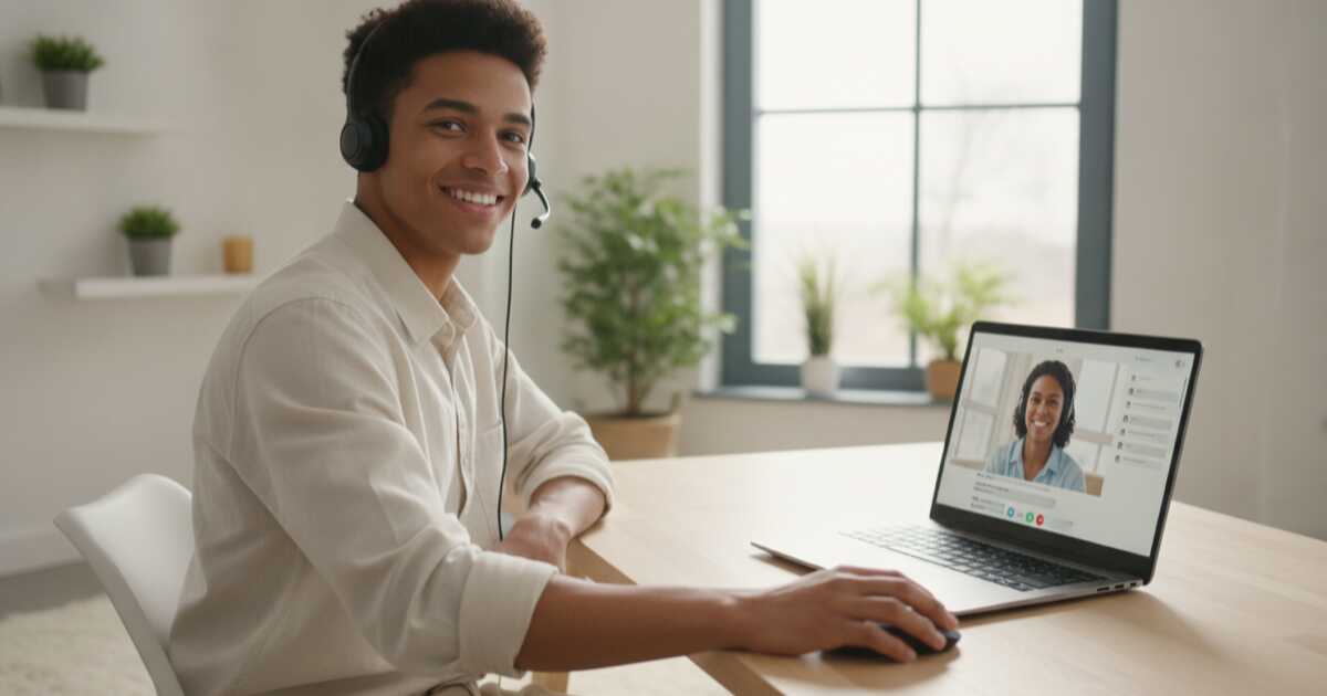Person practicing Spanish conversation through an online video call
