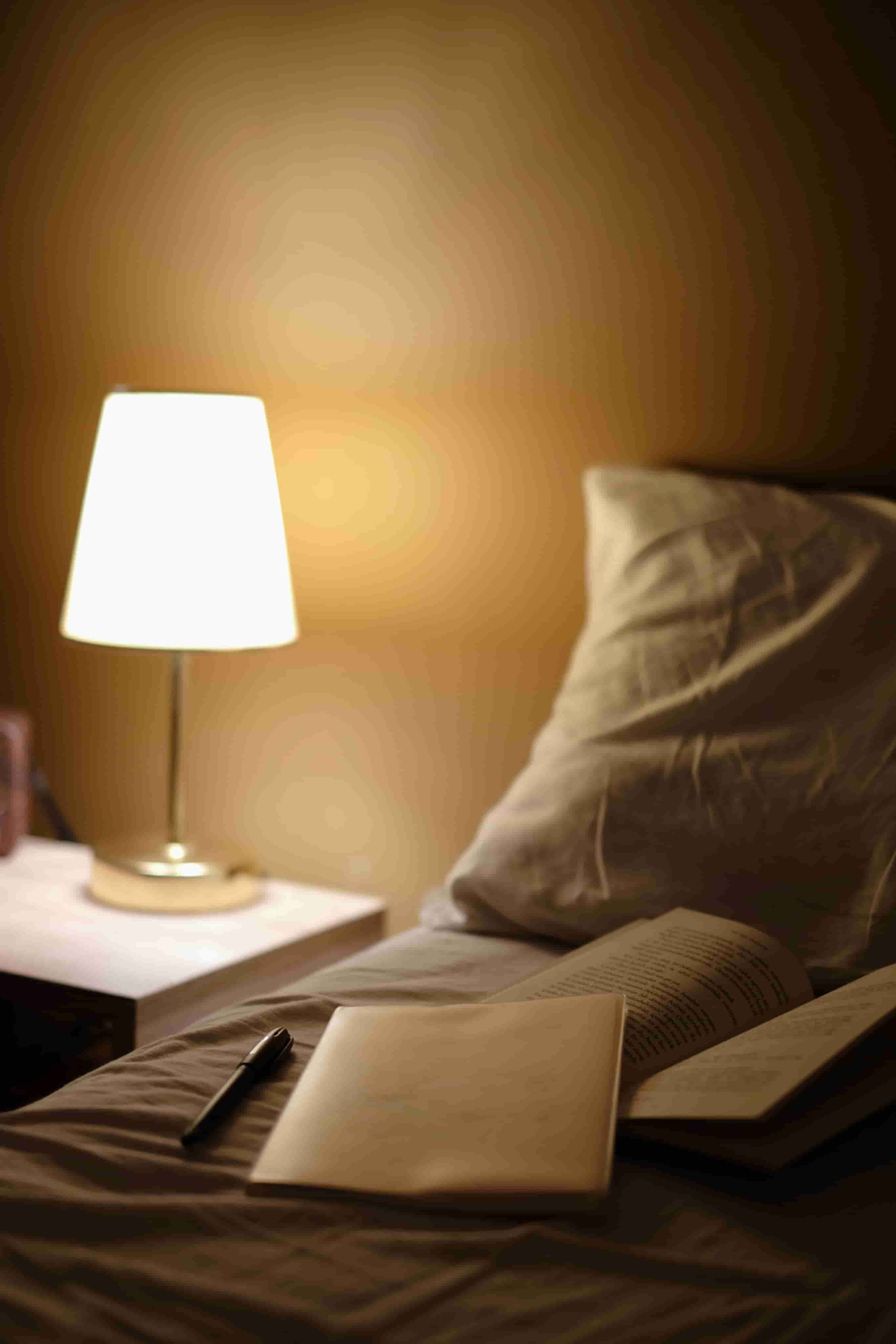 Cozy bedroom setup with a language learning book on the nightstand and soft lighting