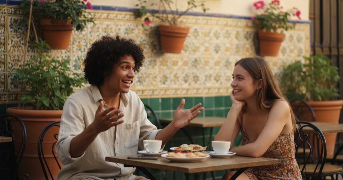 A person practicing Spanish conversation with a friend at a café