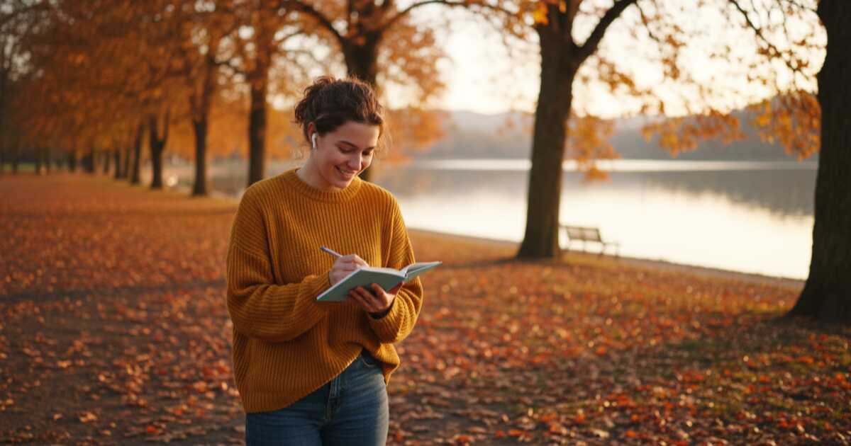 A person meditating peacefully in a park with headphones