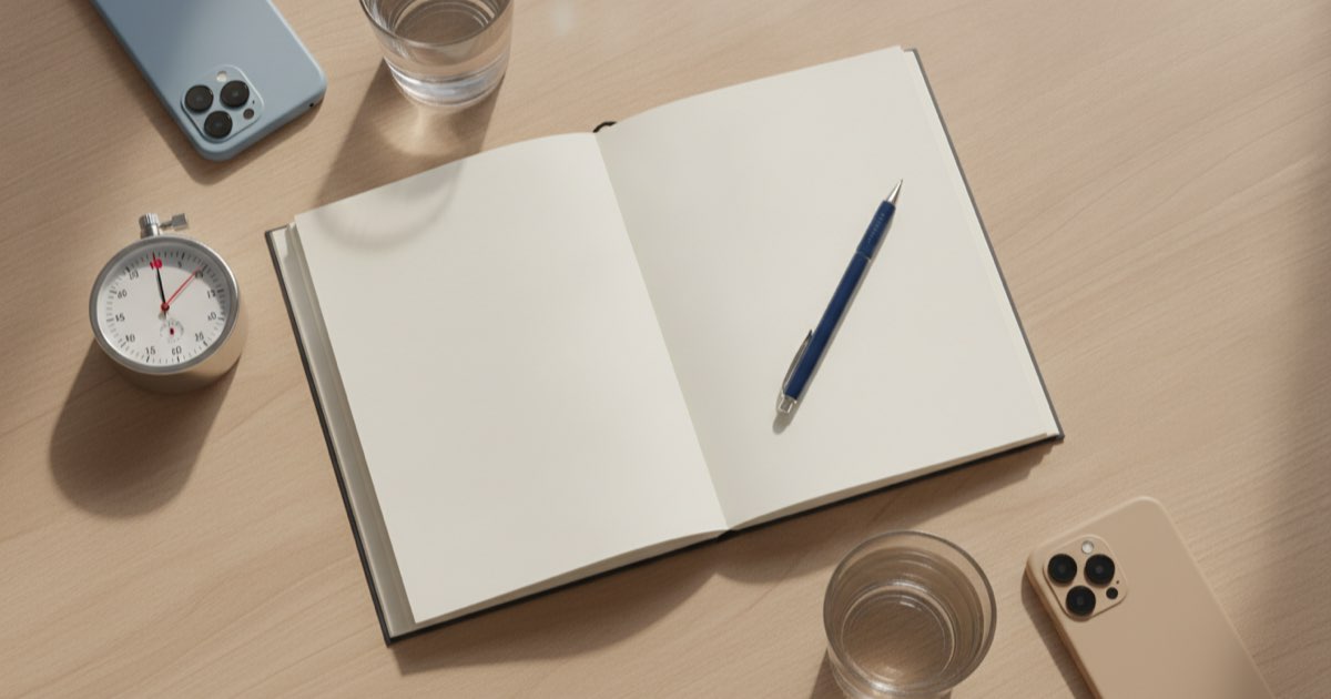 A desk prepared for a short structured English practice session