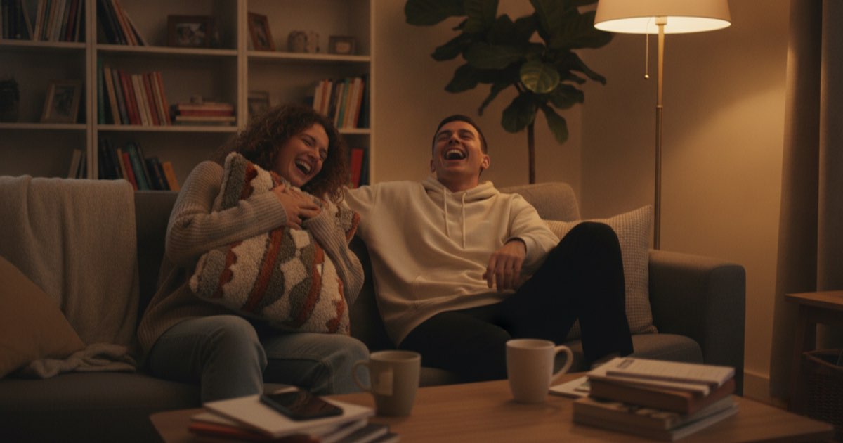 Two friends giving up on their English practice and chatting on the sofa