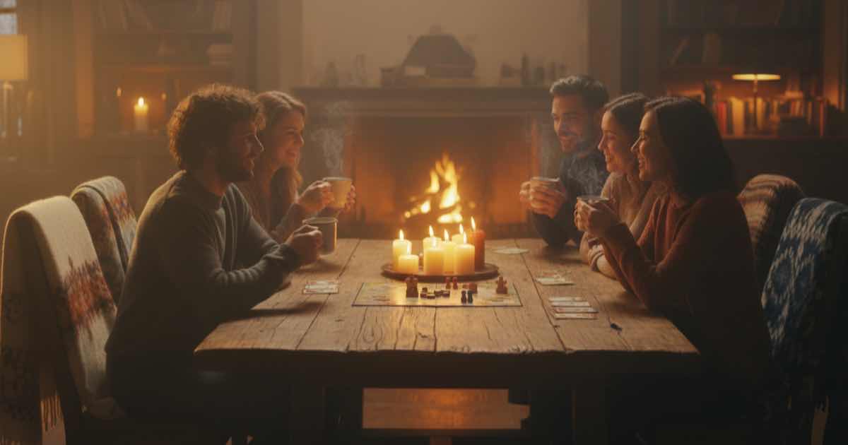 Friends gathered around a candlelit table in cozy warmth