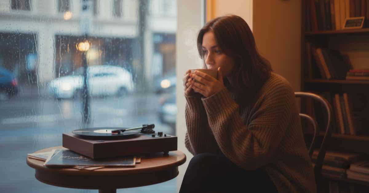 Nostalgic café window with rain and warm coffee
