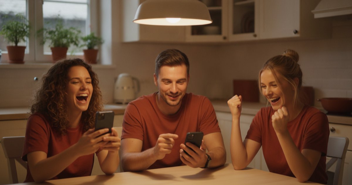 Friends laughing while competing in a word game on their phones at a kitchen table