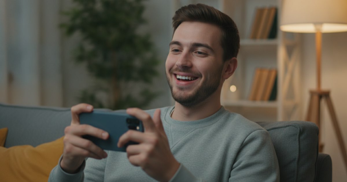 Close up of a language learner reacting to a fast vocabulary game on a phone