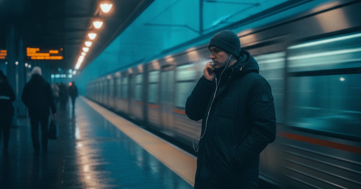 Commuter standing on a train platform at dawn speaking into earphone microphone