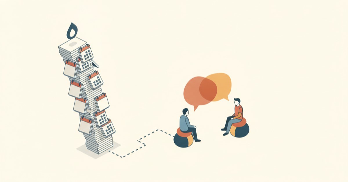 Isometric illustration comparing a tall stack of streak calendar days with two figures in conversation