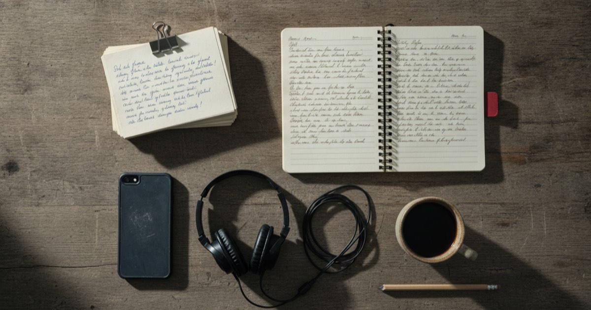 Notebook, index cards, headphones and a phone lying face down on a wooden desk seen from directly above