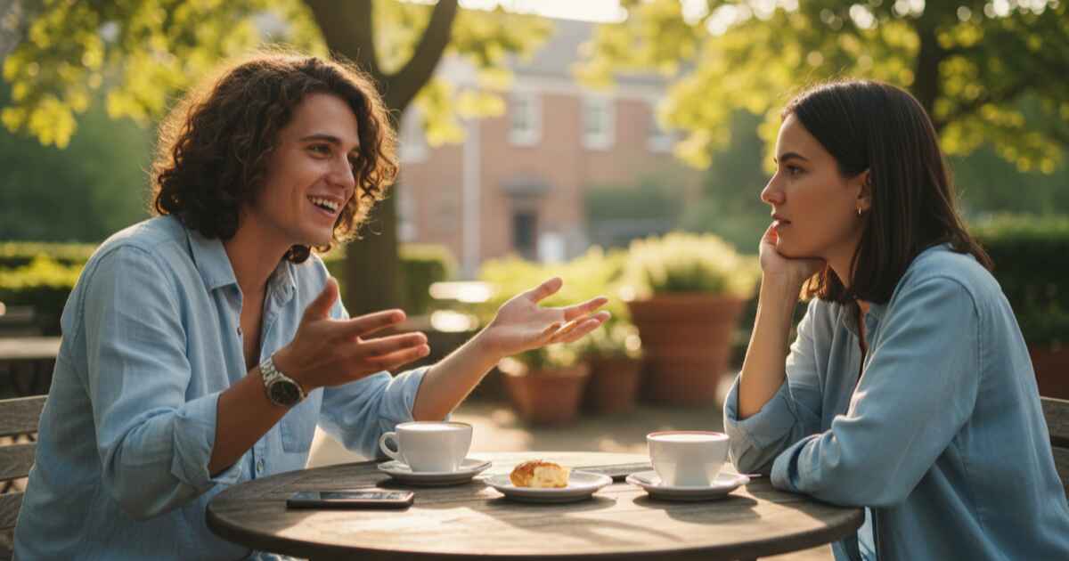 Person confidently speaking during a casual conversation with a friend at a café table