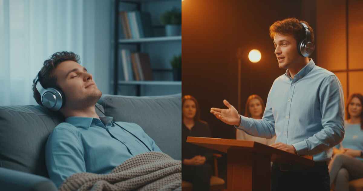 Person listening to headphones versus speaking into a microphone representing passive and active language skills