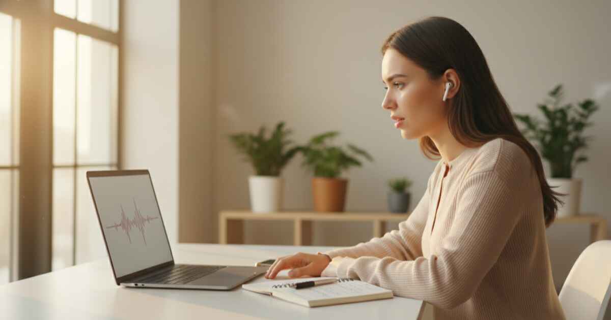 Student practicing shadowing technique with headphones and laptop in a bright study space