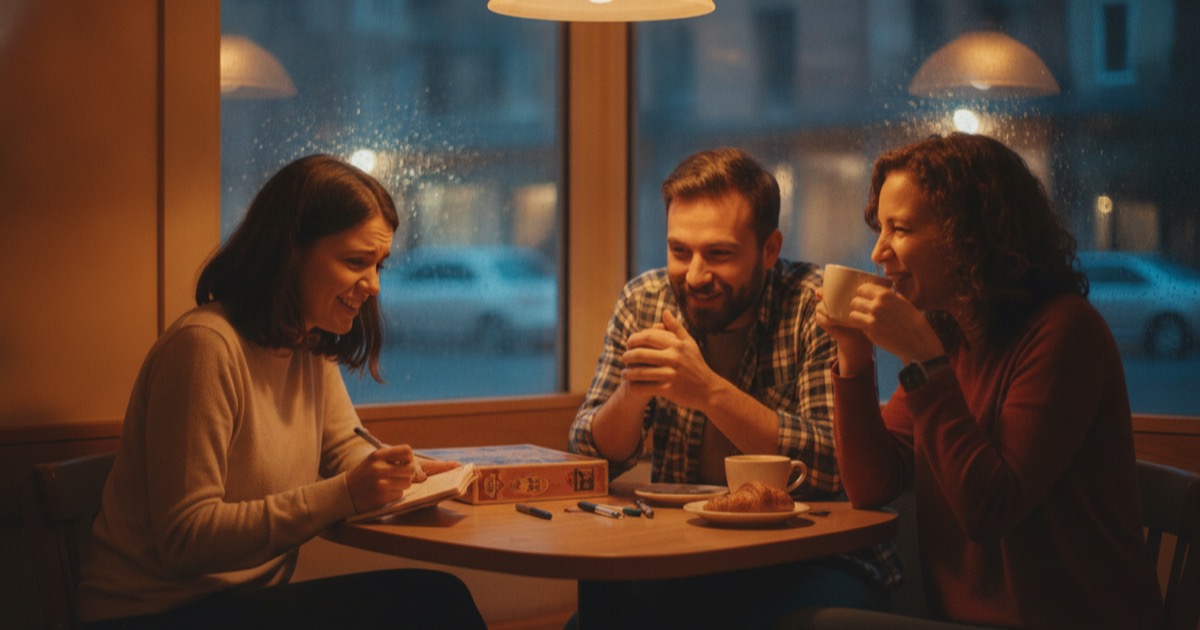 Adult friends playing a pen and paper word game at a cafe in the evening
