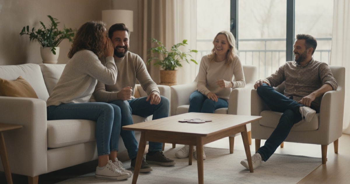 Adults of mixed language levels playing a team guessing game in a living room