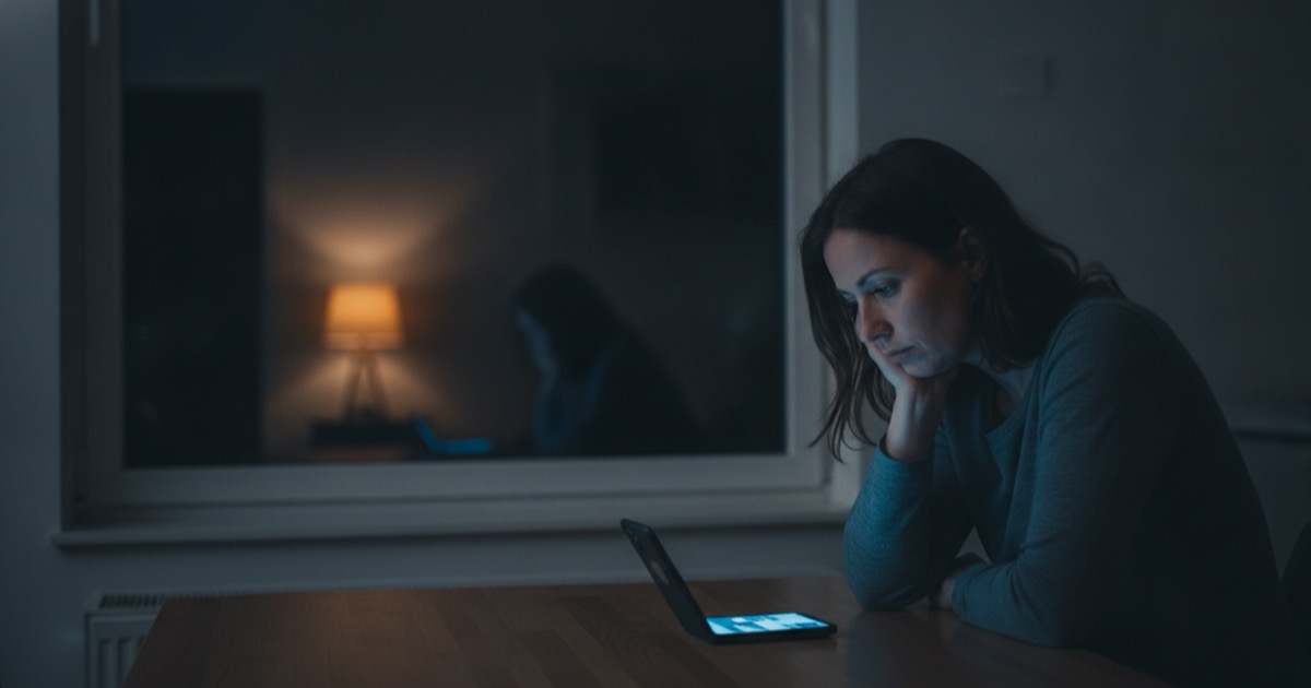 Adult learner studying a language alone on a phone late at night