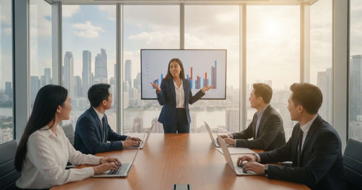 Bilingual team in a modern glass-walled meeting room having a business discussion