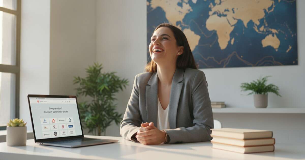 Young professional at a modern desk celebrating career success with laptop open