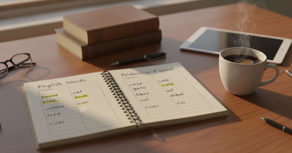 Open notebook on a wooden desk showing English and Spanish vocabulary lists side by side