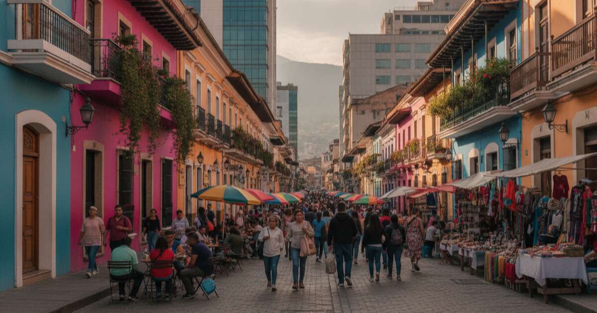 Vibrant Latin American street scene with colorful colonial buildings and outdoor cafes